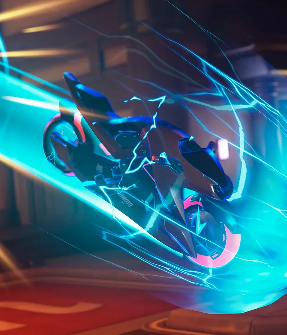 Overwatch Temporada 3 com imagem de Shion em Junção Neon lutando com outros personagens.