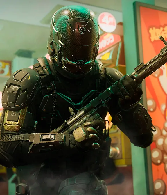 Temporada 5 Black Ops 7 com Operador em loja iluminada.