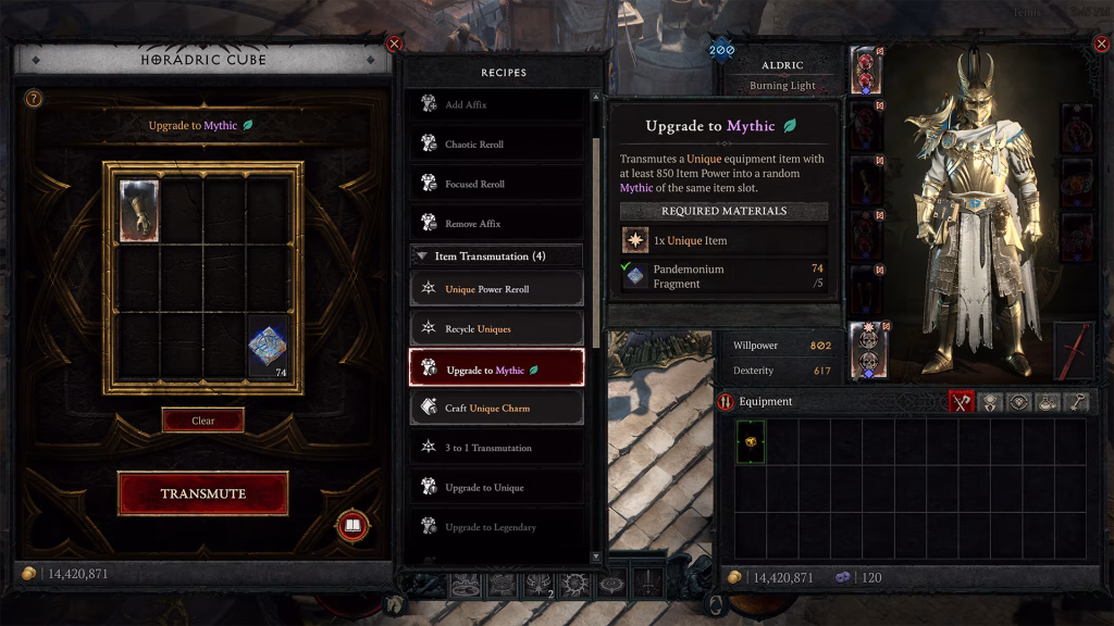 Tela de interface do cubo horádrico com item mítico.