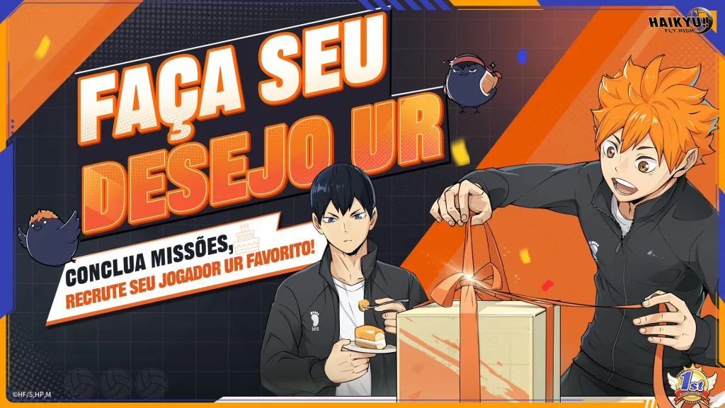 Imagem de personagens abrindo presente e comendo bolo.