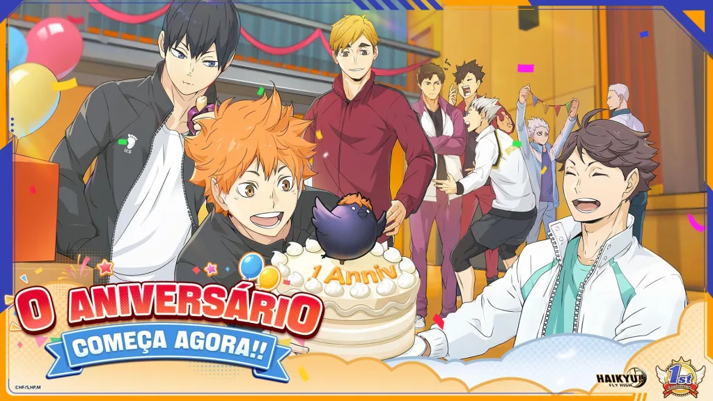 HAIKYU!! FLY HIGH em imagem de aniversário de 1 ano com jogadores e bolo.