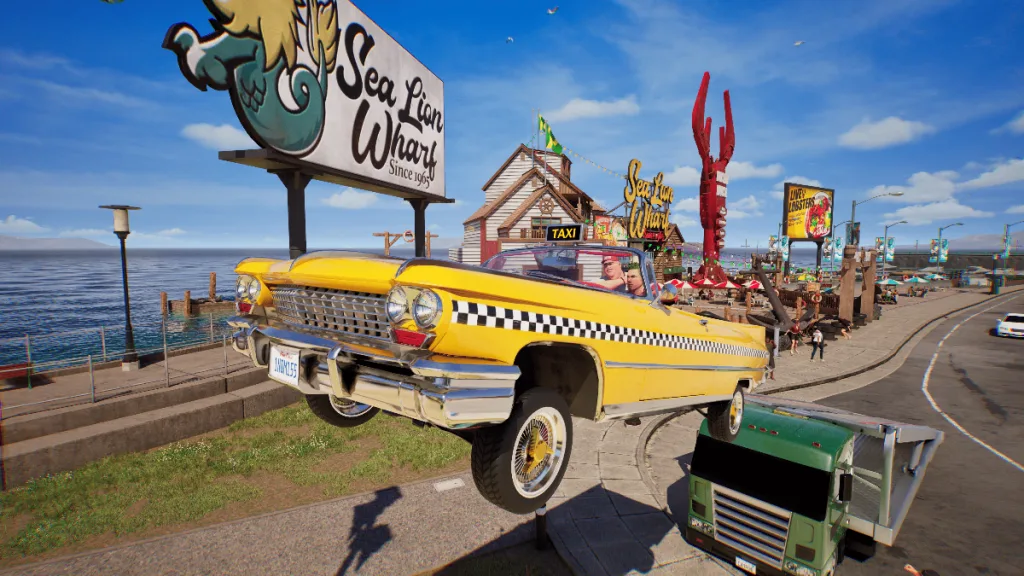 Taxi rampandno um caminhão nas ruas do mapa West Coast no jogo Crazy Taxi: World Tour.