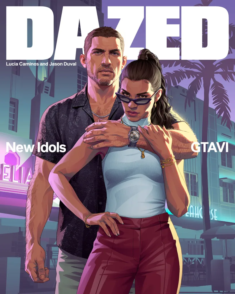 Capa da revista DAZED sobre GTA 6 com Jason Duval e Lucia Camino, novos ídolos.