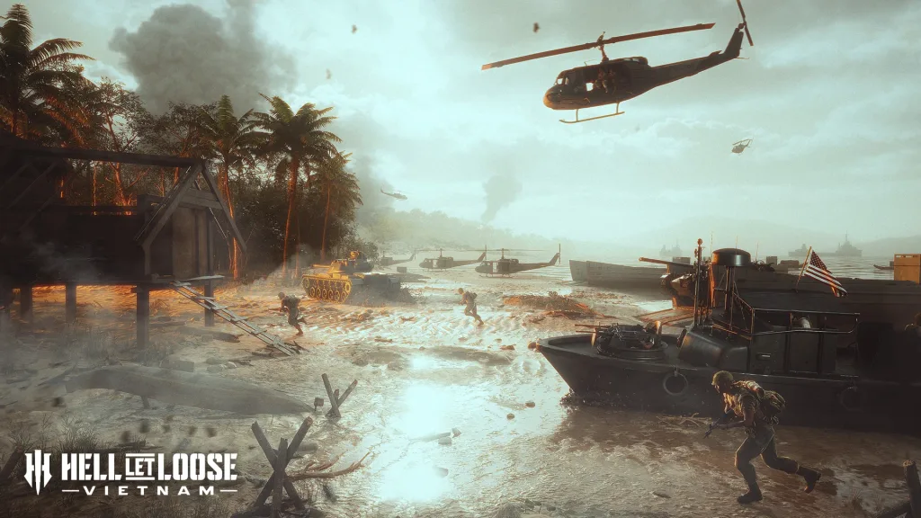 Veículos em uma área de praia em Hell Let Loose: Vietnam.