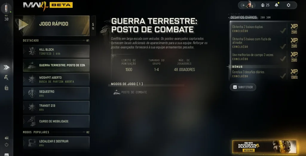 Hud principal mostrando a escolha do Guerra Terrestre.