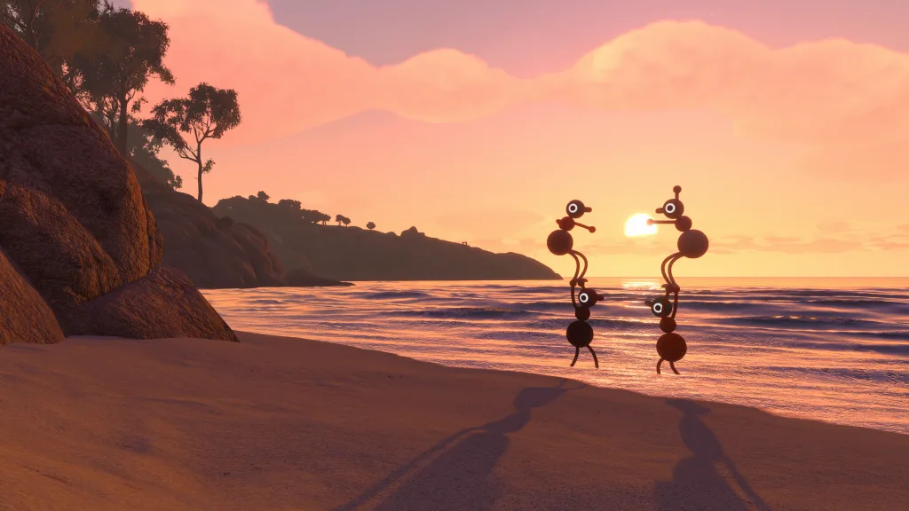 Personagens em praia no por do sol.