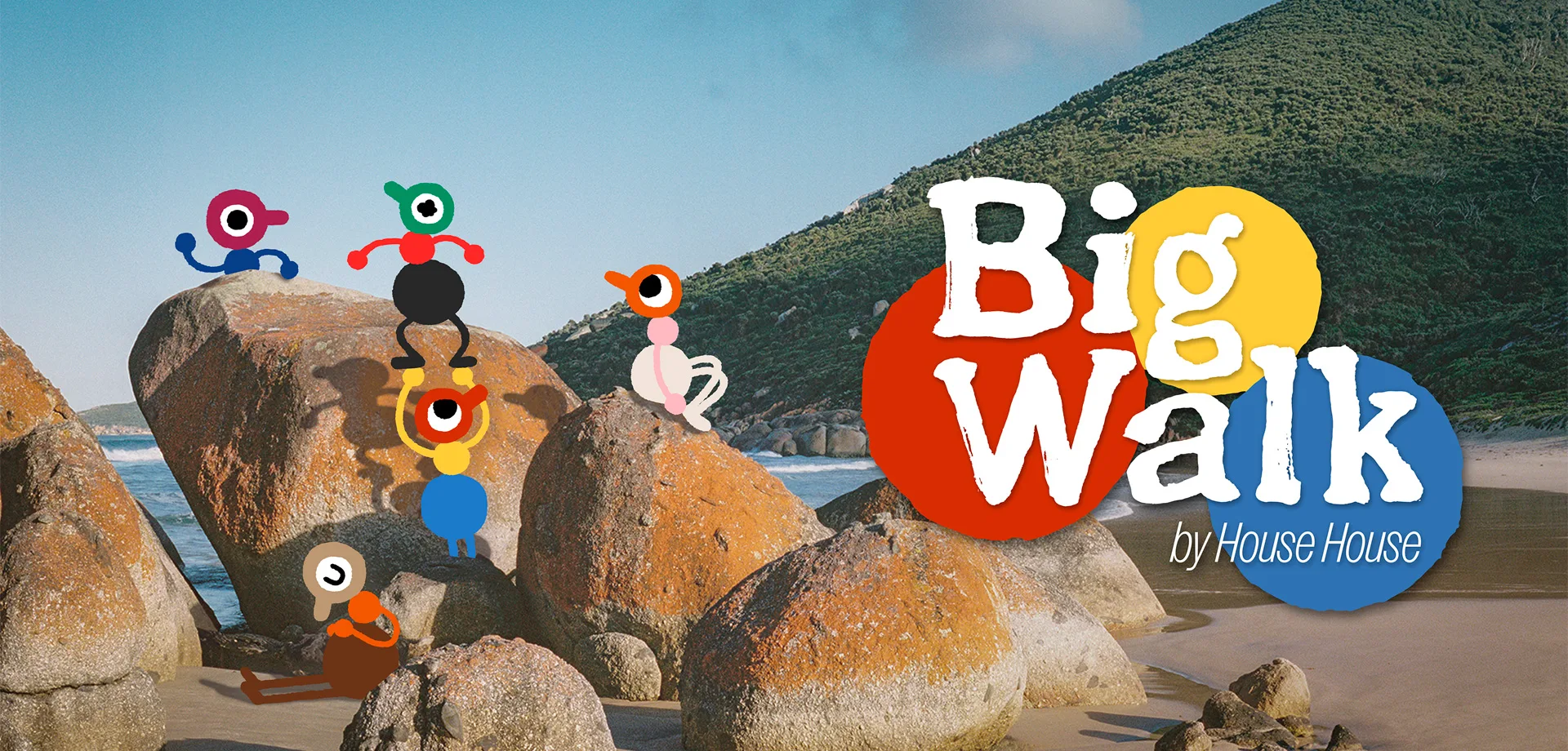Imagem de Big Walk com personagens característicos em uma praia e a logo ao lado.