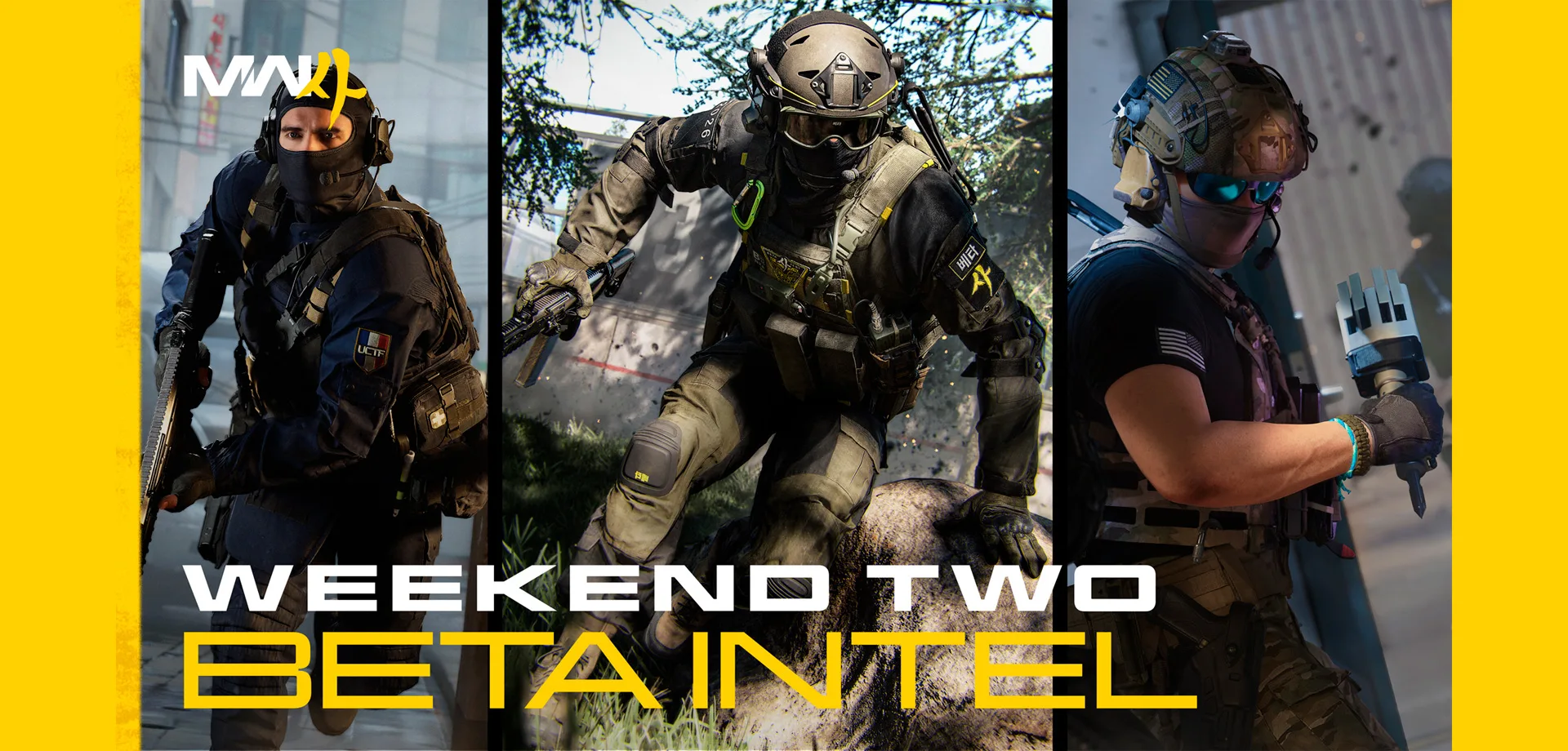 Call of Duty: Modern Warfare 4 Segunda semana do Beta com 3 operadores em locais diferentes do jogo na imagem.