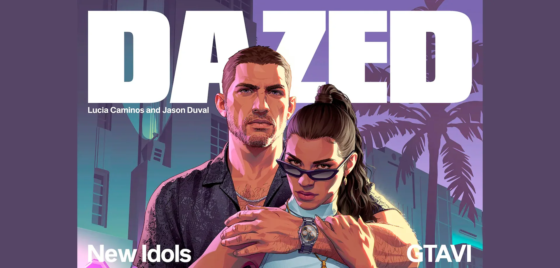 Capa da revista DAZED sobre GTA 6 com Jason Duval e Lucia Camino, novos ídolos.