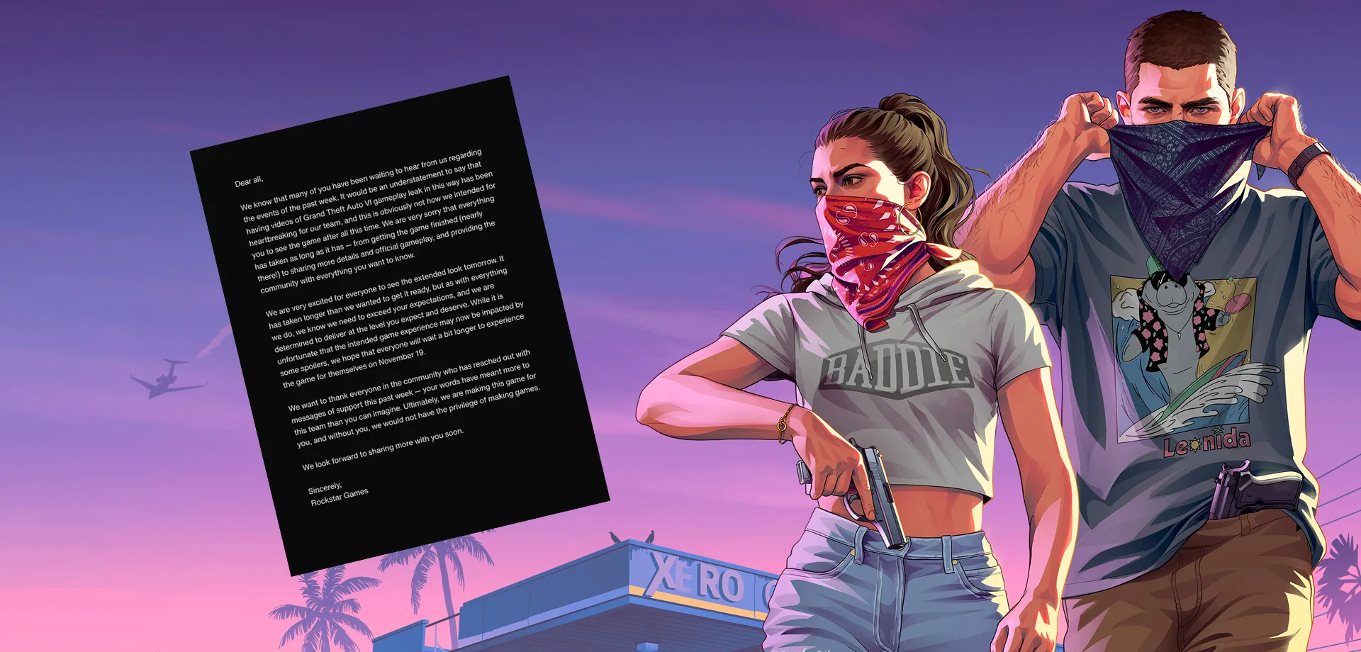 Lucia e Jason em imagem de GTA 6 da divulgação do olhar estendido NetFlix mais o pronunciamento oficial via X de GTA 6 vazamentos.