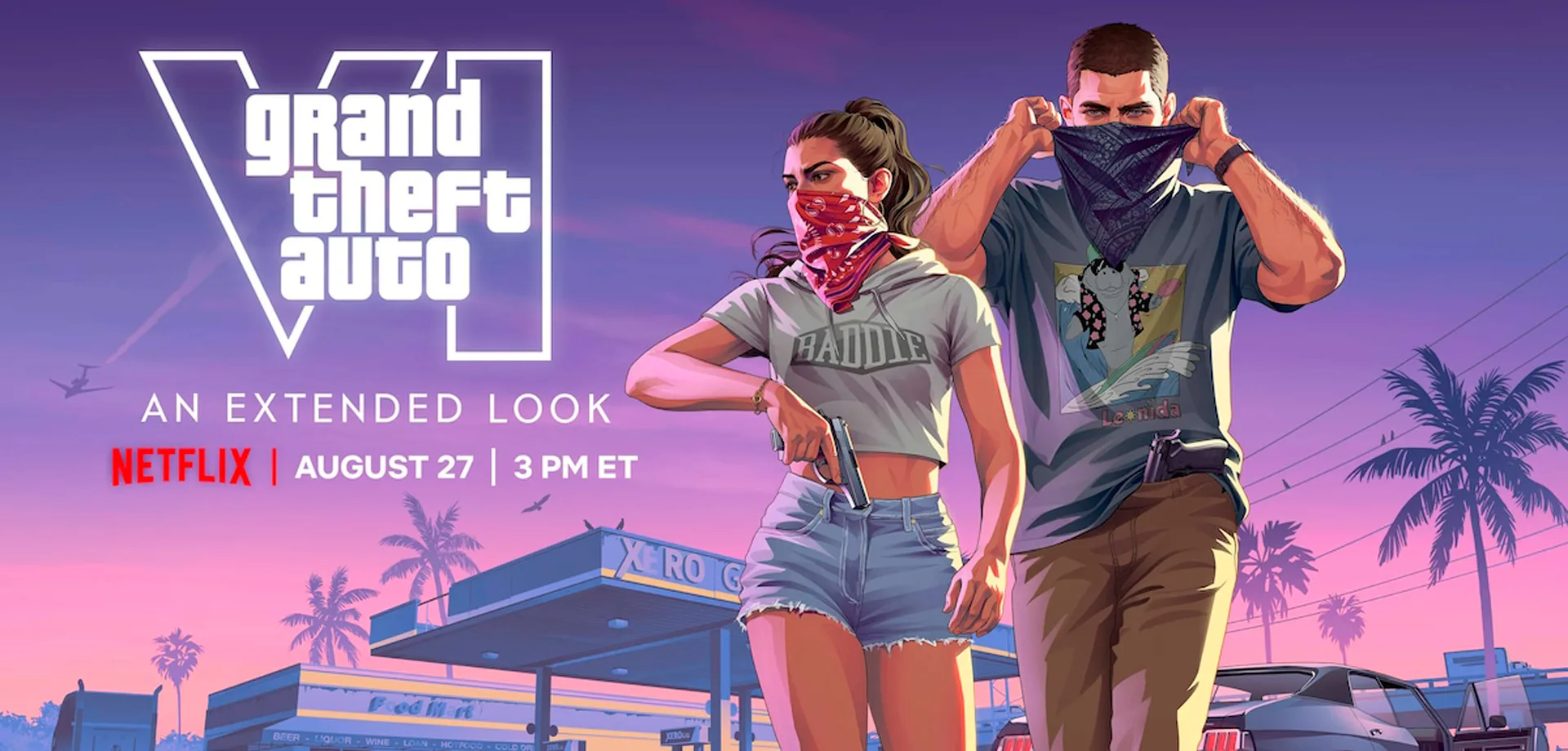 Lucia e Jason com panos no rosto saindo de um posto de gasolina em imagem Grand Theft Auto VI: An Extended Look estreia na Netflix e no YouTube em agosto de 2026.