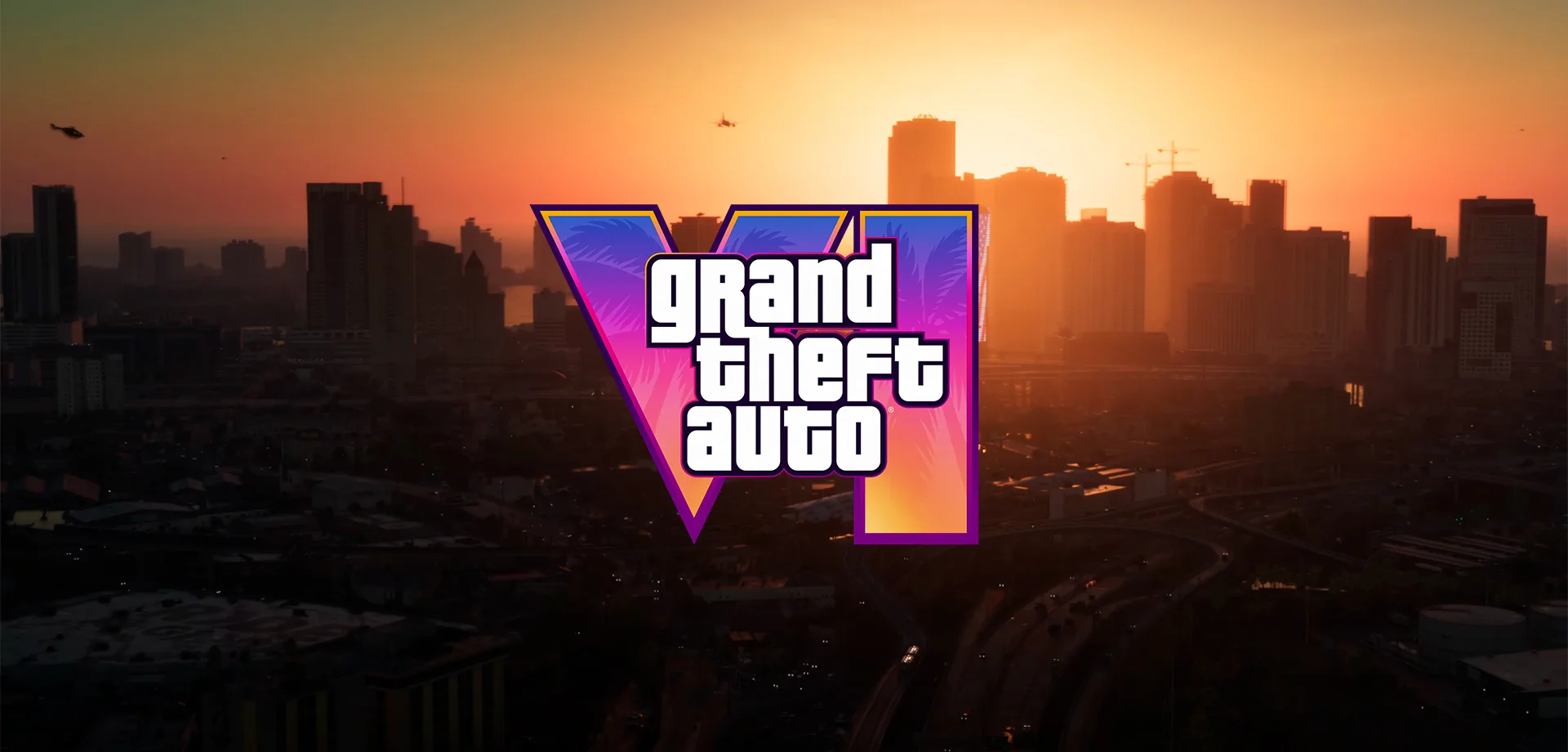 Visão urbana no fim de tarde de GTA 6 com logo do jogo à frente.