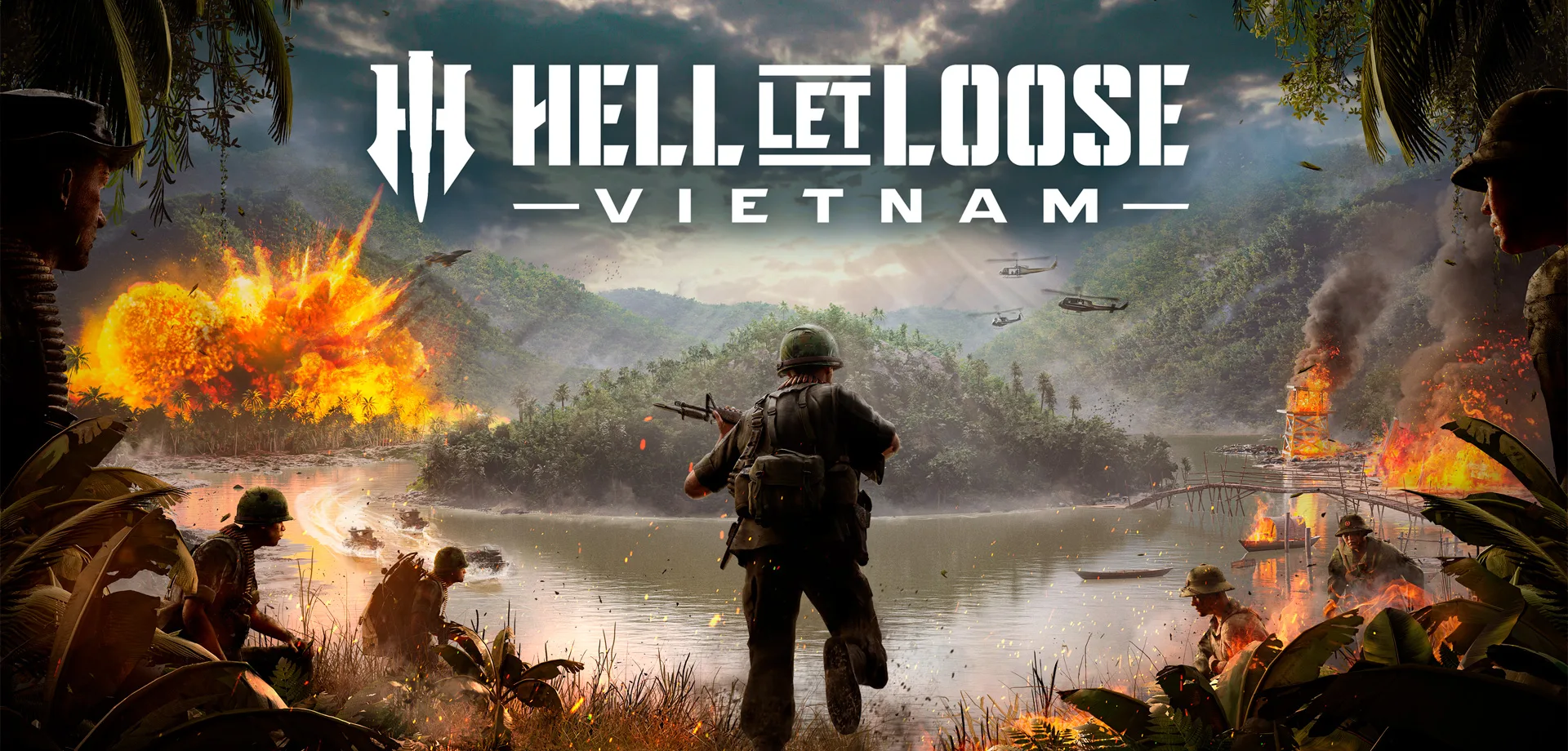 Soldados a beira de uma ilha em um rio na selva do vietnã com a logo de Hell Let Loose: Vietnam.