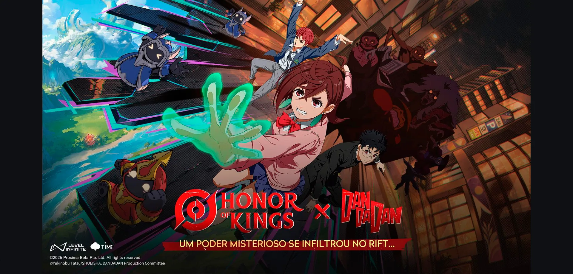 Honor of Kings x Dan Da Dan com imagem de personagens do jogo e do anime Dan Da Dan.