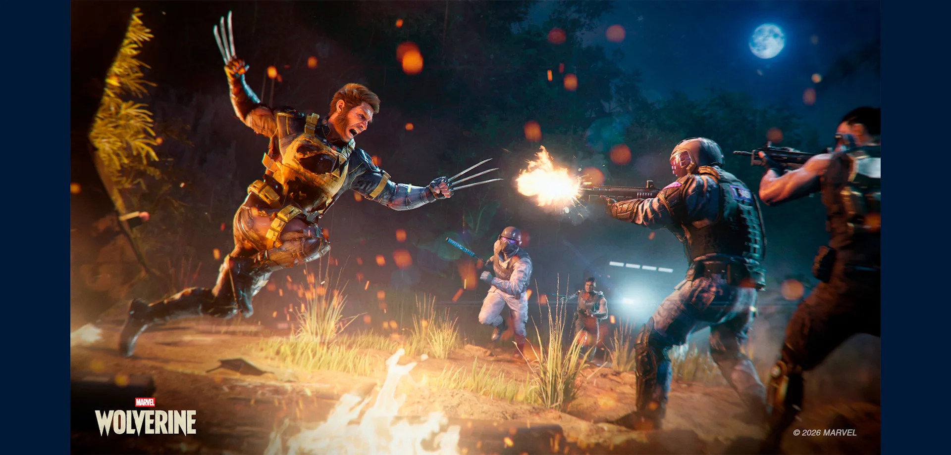 Imagem do jogo Marvel’s Wolverine com Logan lutando contra soldados de noite em local com árvores e chão de terra com grama.