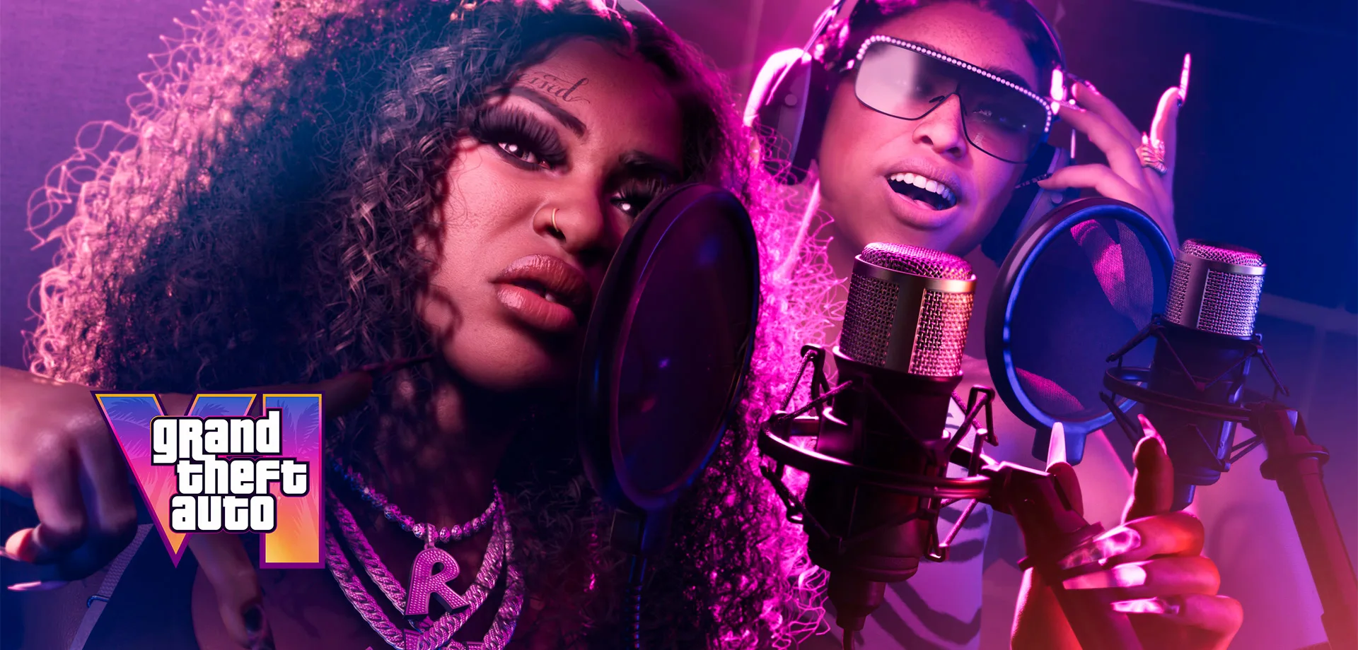 Imagem de GTA 6 com personagens da dupla Real Dimez, Bae-Luxe e Roxy gravando música em estúdio para representar a matéria de Músicas de GTA 6.