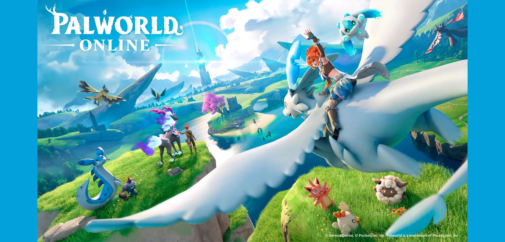 Imagem de Palworld Online com personagens e seus mascotes (Pals) em montanhas verdejantes em meio a um grande lago.