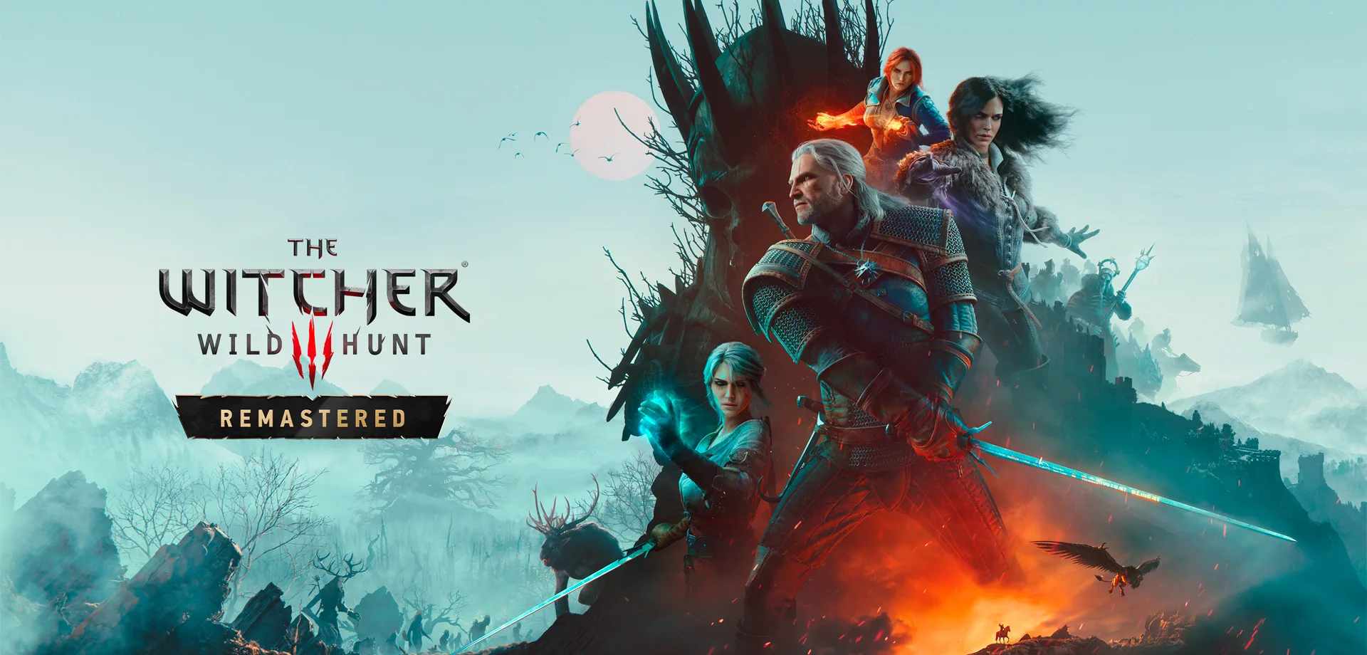 Personagens de The Witcher 3 em poster da versão Remastered.