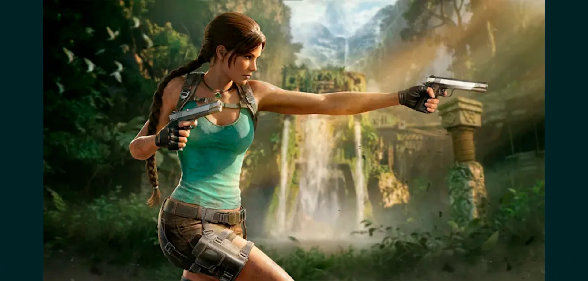 Lara Croft com roupa clássica, pistolas duplas e em selva com ruínas arqueológicas em imagem de Tomb Raider: Legacy of Atlantis.