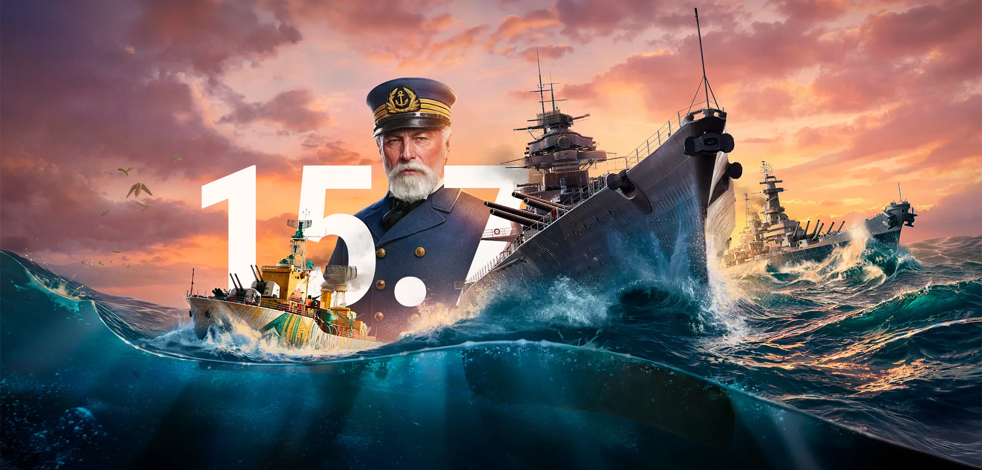 World of Warships atualização 15.7 com imagem de navios na água e junto de Pascual Cervera y Topete.