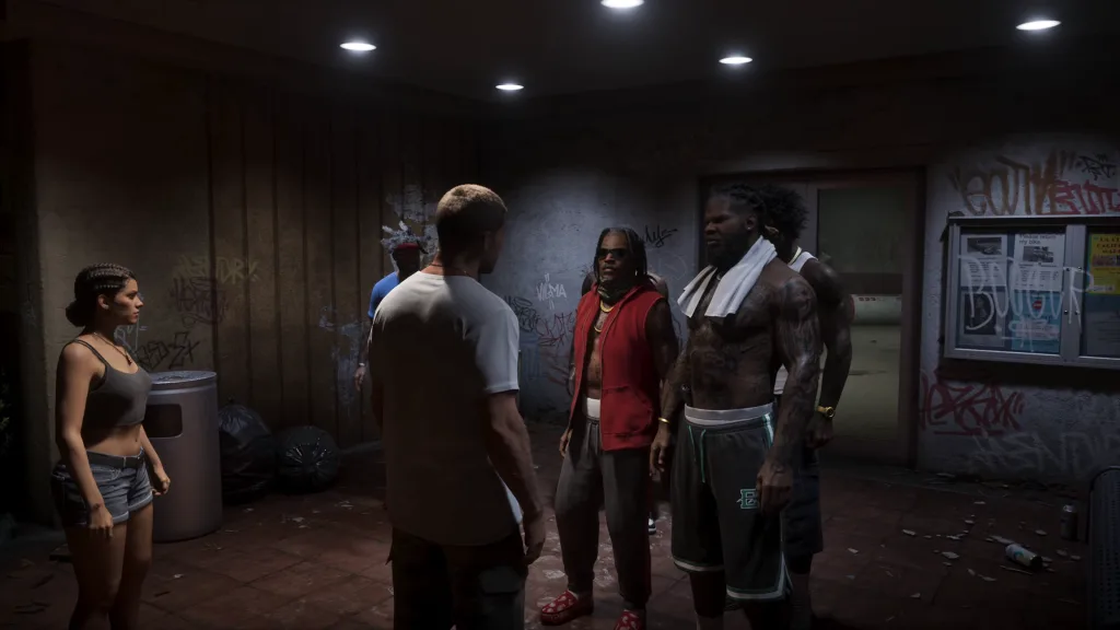 Imagem de Lucia Camino e Jaosn Duval em frente a um prédio de traficantes com os seguranças barrando a entrada em GTA 6.