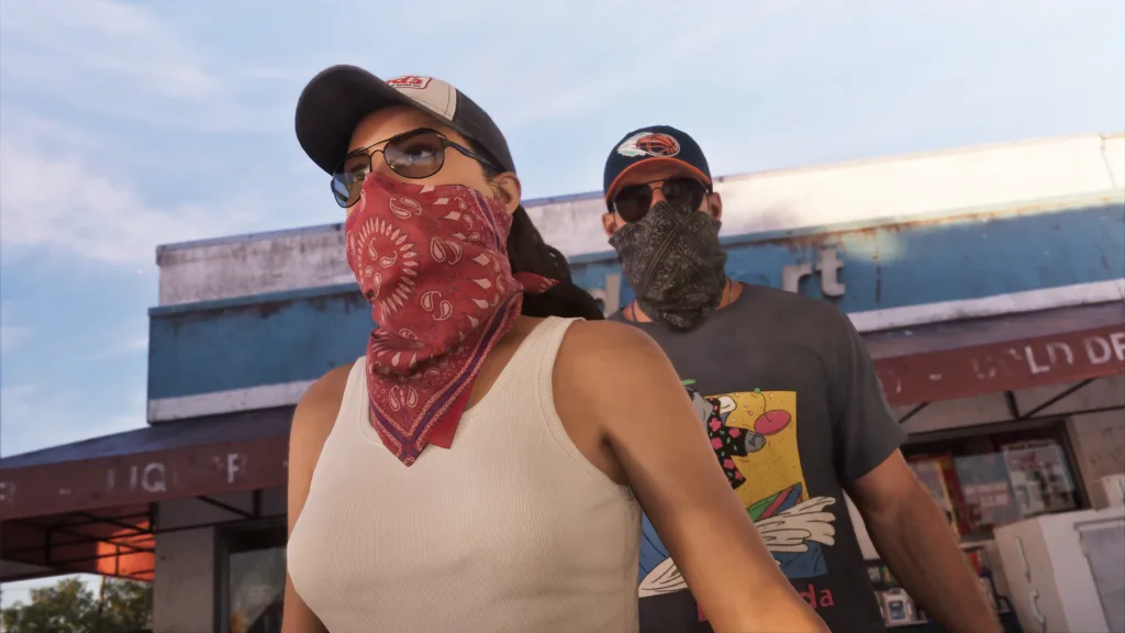 Lucia e Jason com lenços tampando o rosto e saindo de loja de conveniência.