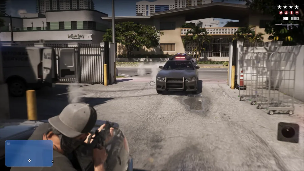 Carro da polícia em perseguição à Jason, Lucia e Dave em GTA 6.