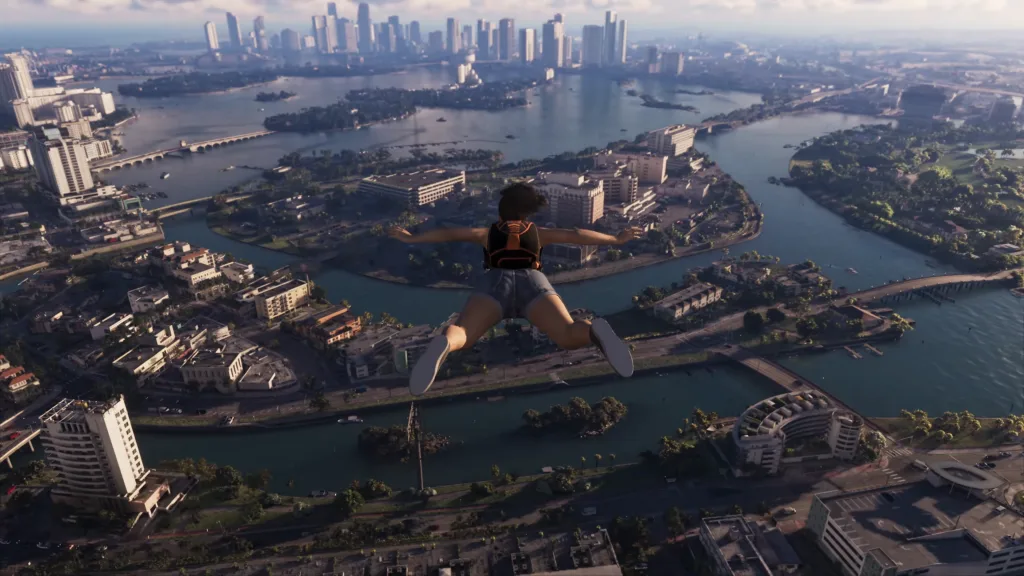 Lucia pulando de paraquedas de um prédio alto e mostrando parte de Vice City e algumas outras pequenas áreas em GTA 6 Um Olhar Extendido.