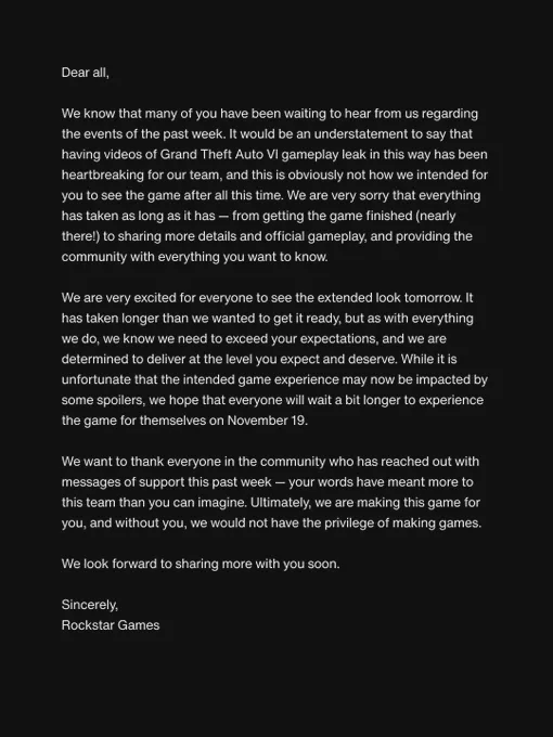 Pronunciamento oficial em inglês da Rockstar Games sobre GTA 6 vazamentos.