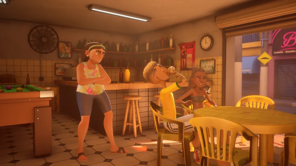 3 personagens, 2 sentados e 1 de pé em cenário de bar no jogo Capote.