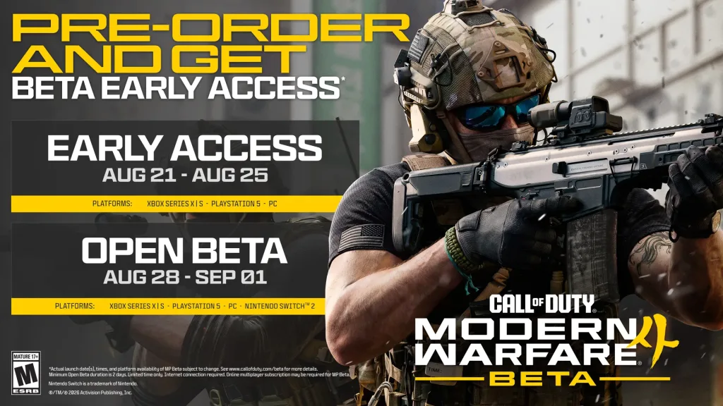 Imagem com datas da Beta em Call of Duty: Modern Warfare 4