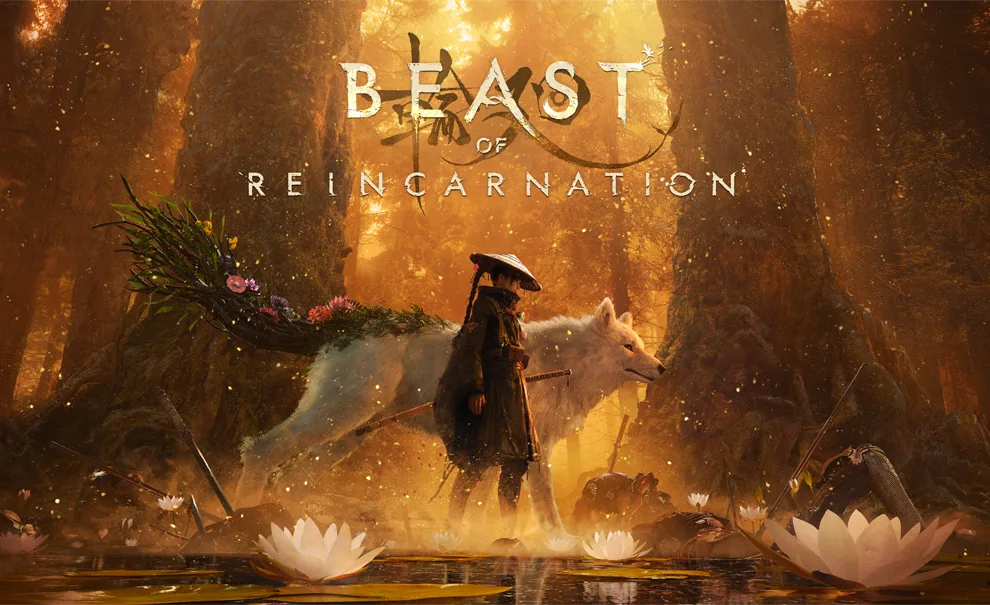 Logo de Beast of Reincarnation com Emma e Ko andando por floresta pantanosa em tons de marrom.