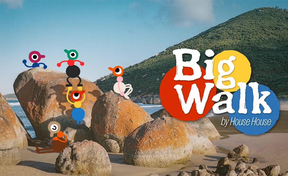 Imagem de Big Walk com personagens característicos em uma praia e a logo ao lado.