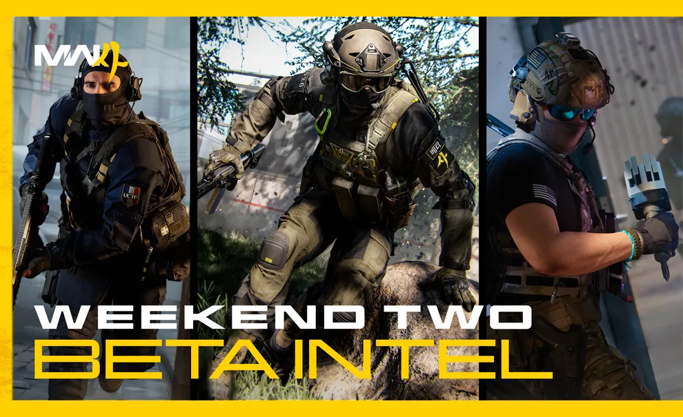 Call of Duty: Modern Warfare 4 Segunda semana do Beta com 3 operadores em locais diferentes do jogo na imagem.