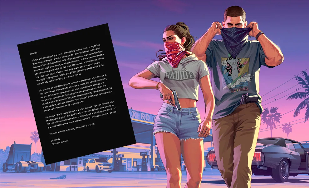 Lucia e Jason em imagem de GTA 6 da divulgação do olhar estendido NetFlix mais o pronunciamento oficial via X de GTA 6 vazamentos.