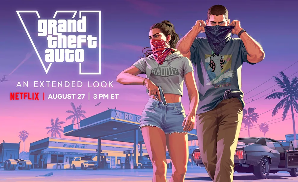 Lucia e Jason com panos no rosto saindo de um posto de gasolina em imagem Grand Theft Auto VI: An Extended Look estreia na Netflix e no YouTube em agosto de 2026.