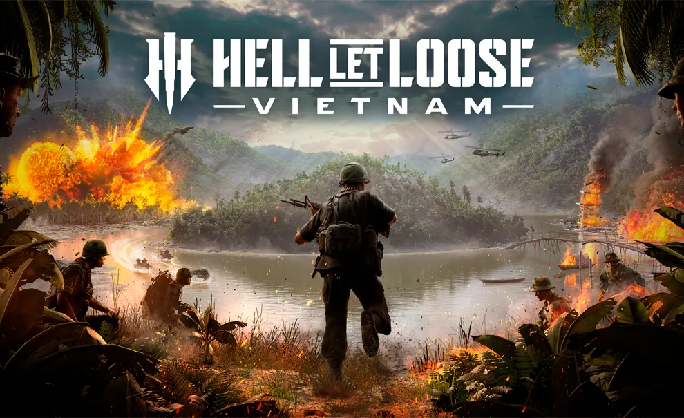 Soldados a beira de uma ilha em um rio na selva do vietnã com a logo de Hell Let Loose: Vietnam.