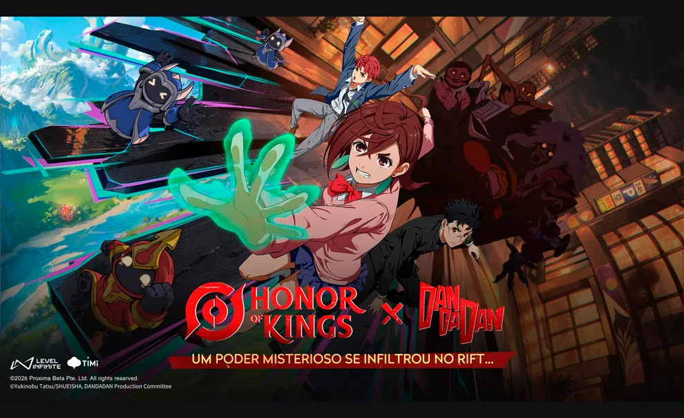 Honor of Kings x Dan Da Dan com imagem de personagens do jogo e do anime Dan Da Dan.