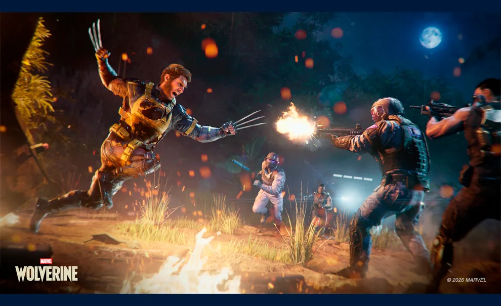 Imagem do jogo Marvel’s Wolverine com Logan lutando contra soldados de noite em local com árvores e chão de terra com grama.