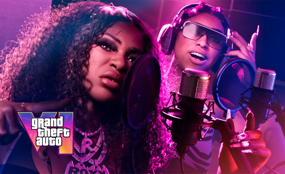 Imagem de GTA 6 com personagens da dupla Real Dimez, Bae-Luxe e Roxy gravando música em estúdio para representar a matéria de Músicas de GTA 6.