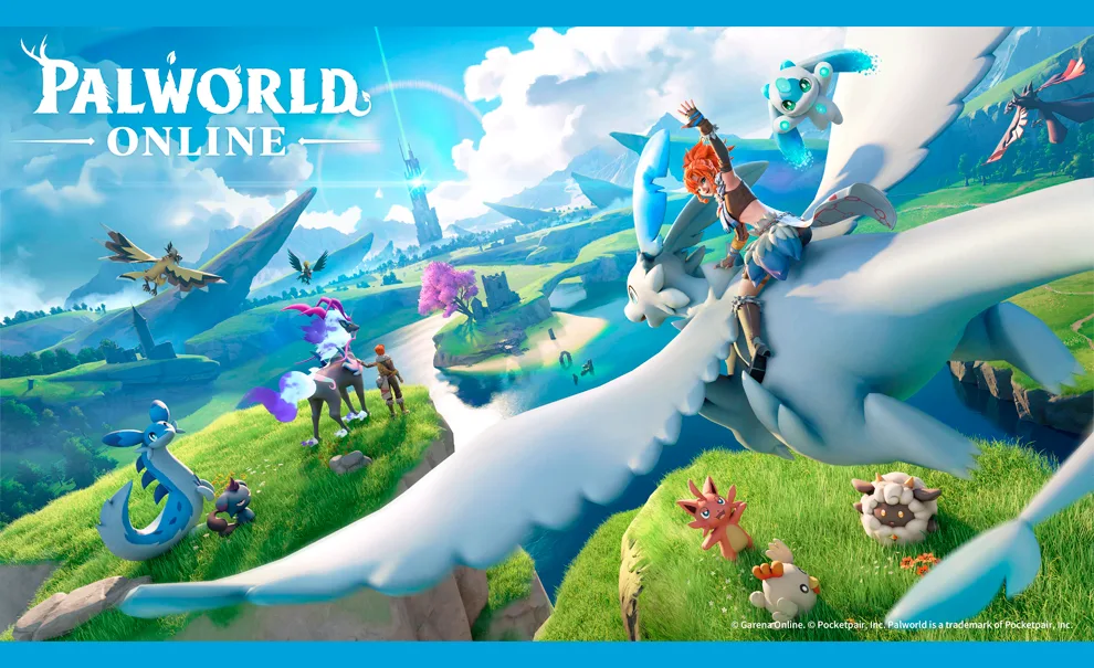 Imagem de Palworld Online com personagens e seus mascotes (Pals) em montanhas verdejantes em meio a um grande lago.