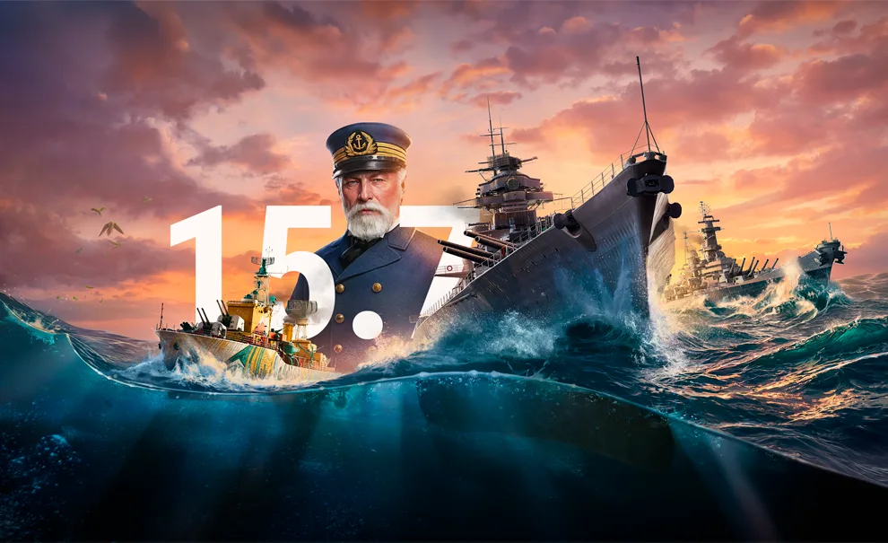 World of Warships atualização 15.7 com imagem de navios na água e junto de Pascual Cervera y Topete.