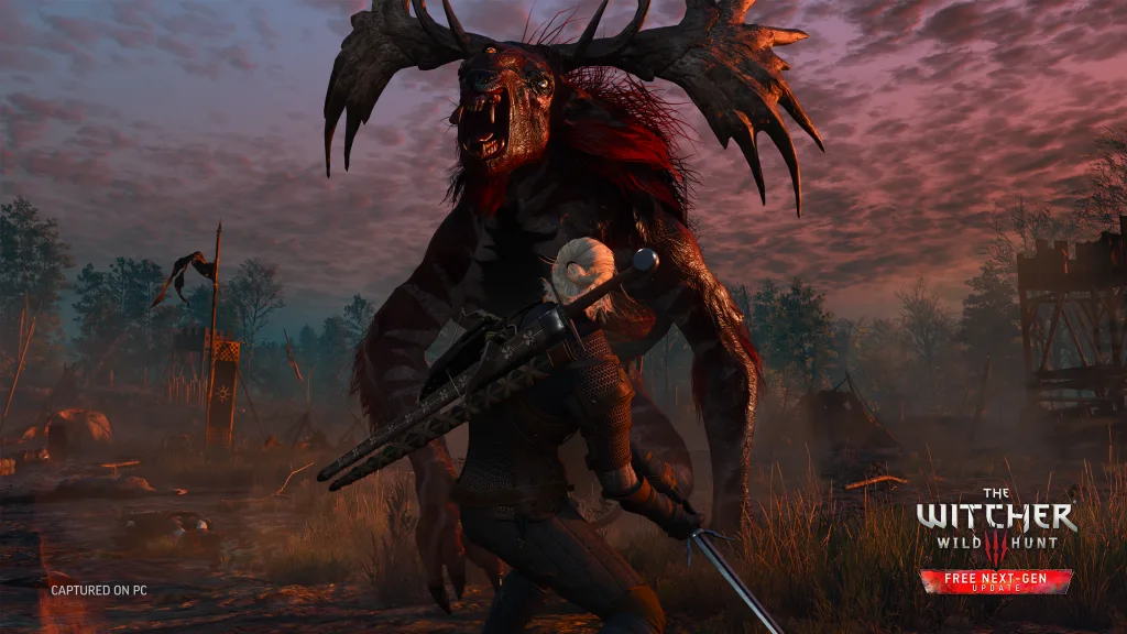 Geralt lutando com criatura que lembra um Alce humanoide.