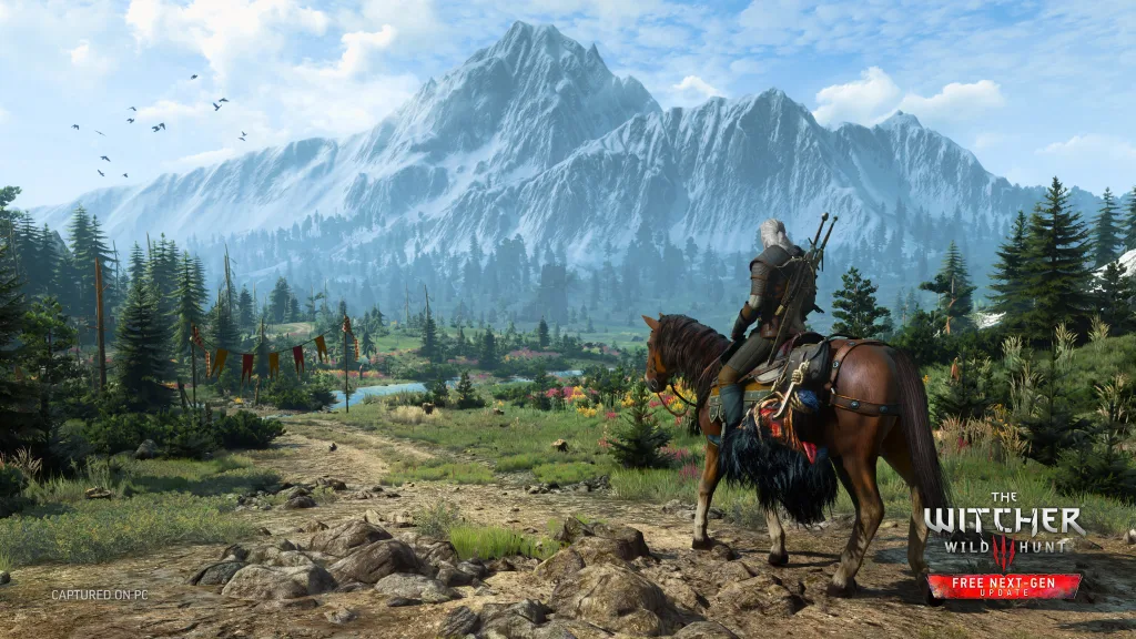 Geralt no seu cavalo observando paisagem montanhosa.