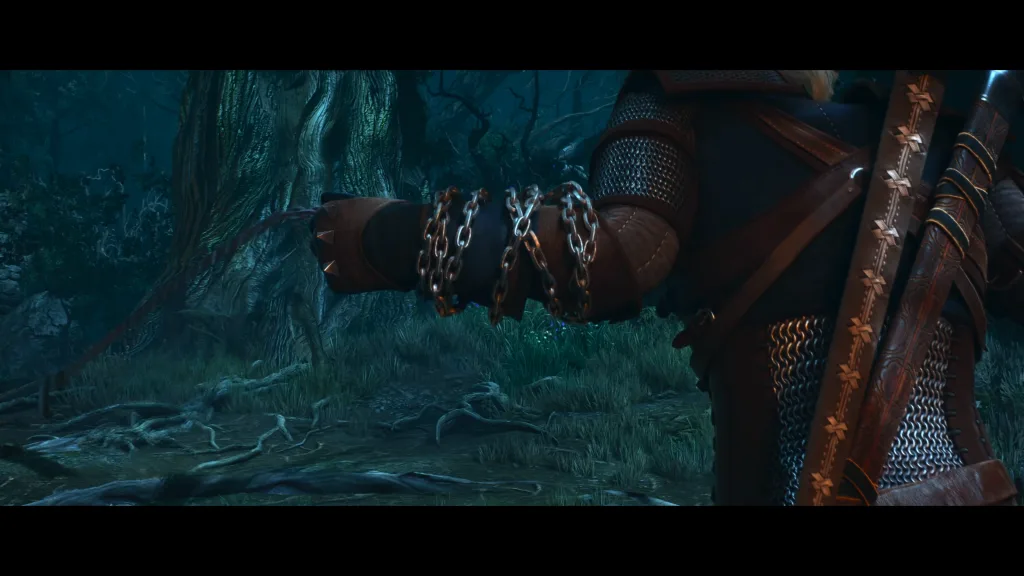 Geralt de The Witcher 3 usando uma corrente de prata enrolada no braço.