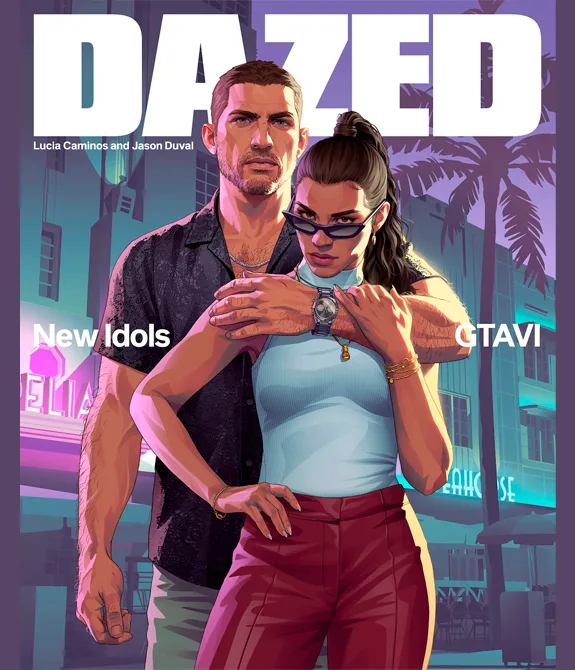 Capa da revista DAZED sobre GTA 6 com Jason Duval e Lucia Camino, novos ídolos.