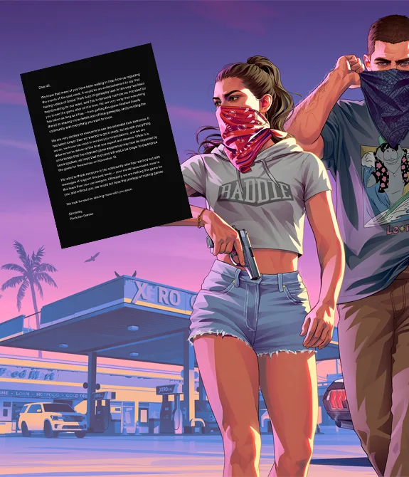 Lucia e Jason em imagem de GTA 6 da divulgação do olhar estendido NetFlix mais o pronunciamento oficial via X de GTA 6 vazamentos.