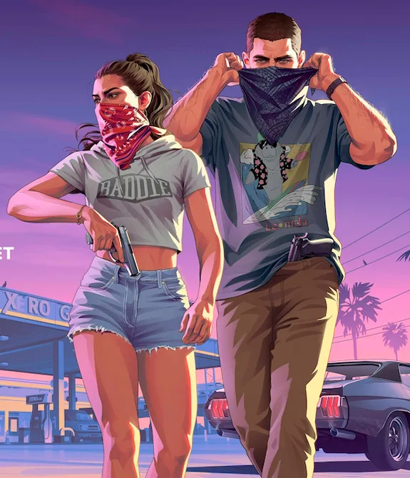 Lucia e Jason com panos no rosto saindo de um posto de gasolina em imagem Grand Theft Auto VI: An Extended Look estreia na Netflix e no YouTube em agosto de 2026.