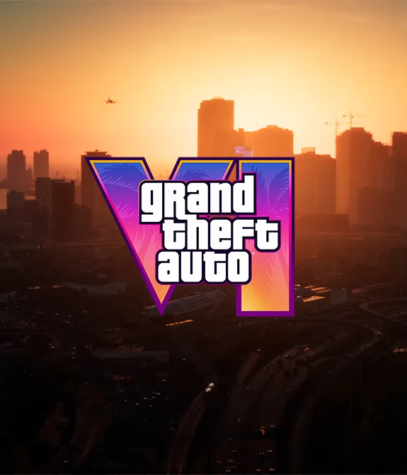 Visão urbana no fim de tarde de GTA 6 com logo do jogo à frente.