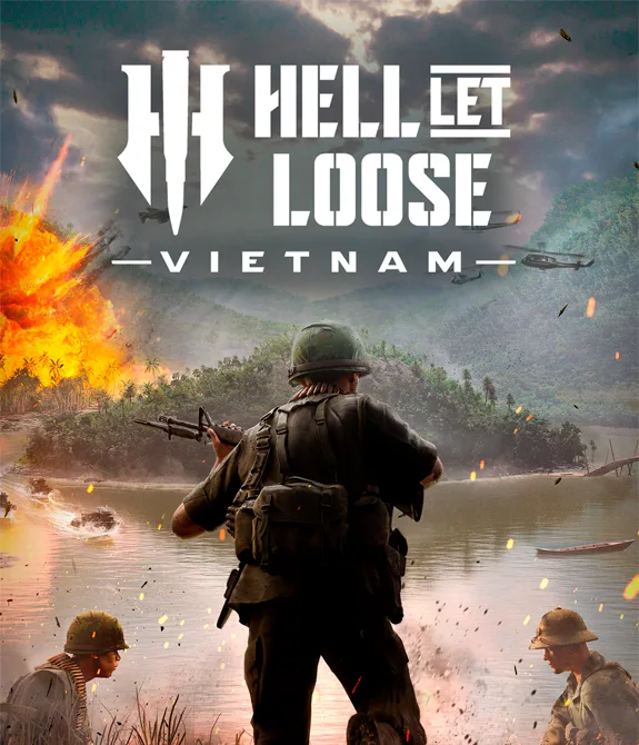 Soldados a beira de uma ilha em um rio na selva do vietnã com a logo de Hell Let Loose: Vietnam.